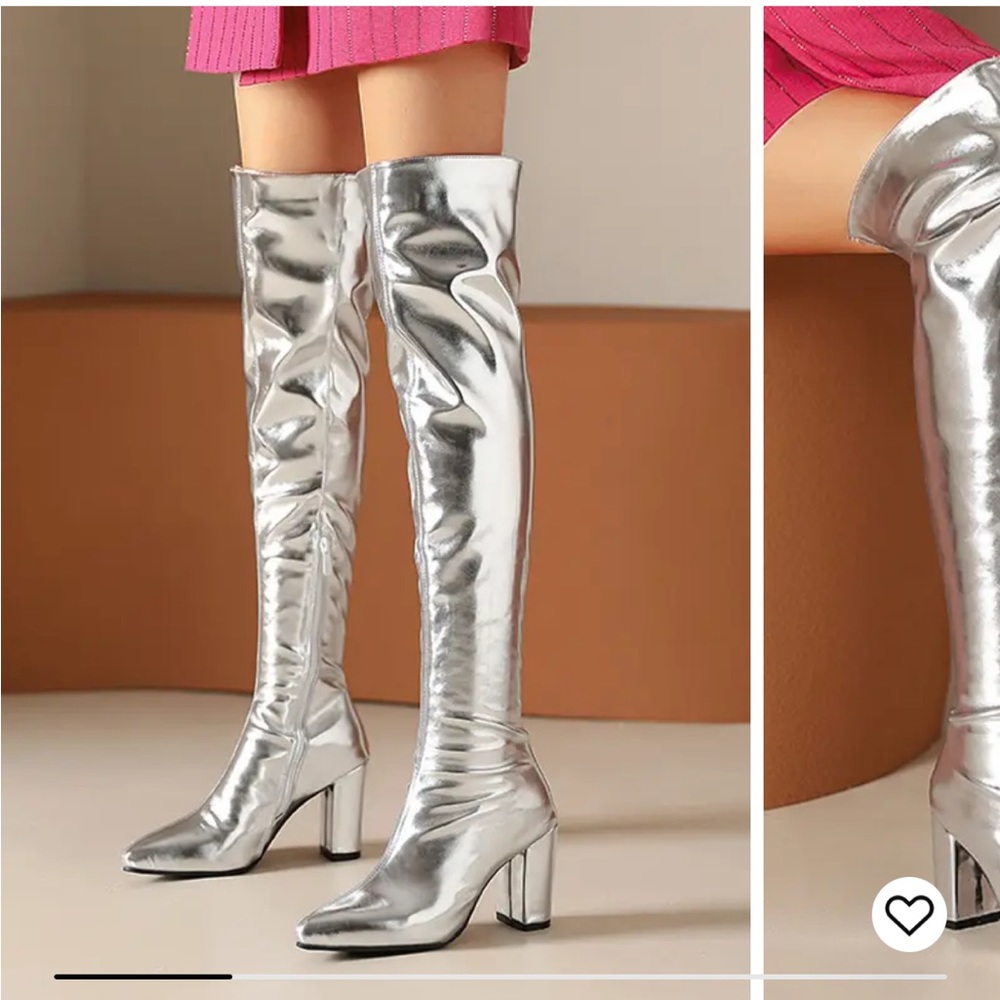 ZAFUL Metallic Side Zip Chunky Block Heels, Pointed Toe, Thigh-high Boots